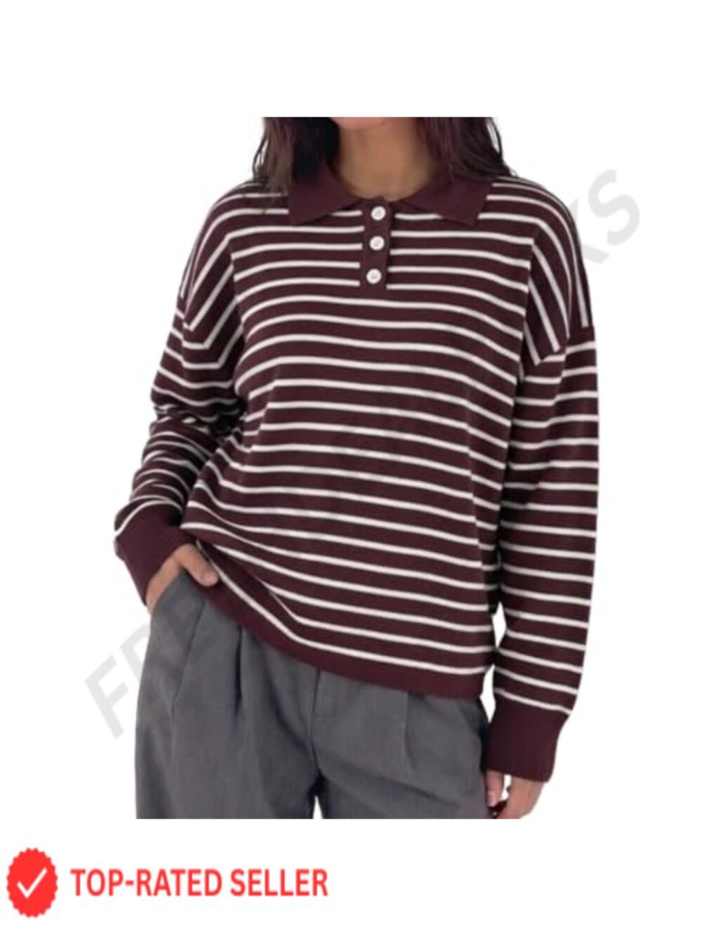 Women's Striped Oversized Polo Collar Pullover Knit Sweater Long Sleeve
